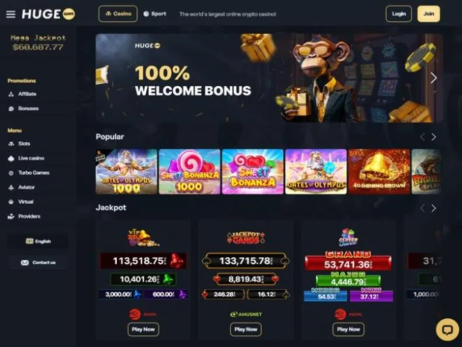 Página inicial da HugeWin Casino