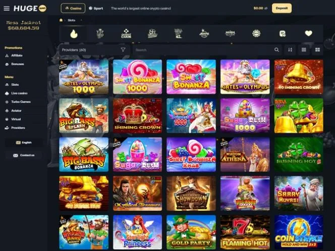 Lobby da HugeWin Casino com slots e jogos crash